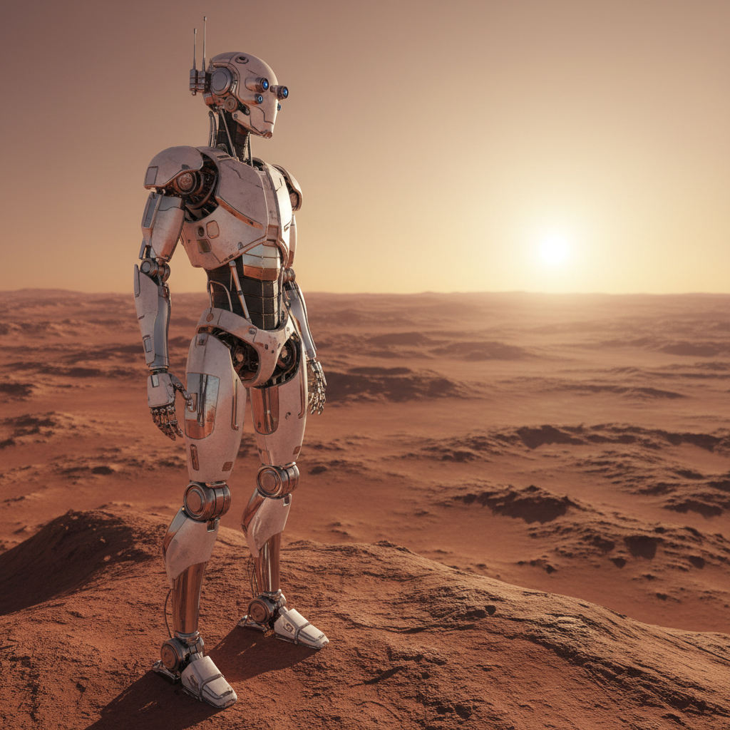 A tall, silver humanoid robot with articulated joints and matte white armor plating stands on the edge of a rust-red Martian plateau, its sensor-filled head turned toward a distant sunrise over cratered horizons. Fine dust clings to its reinforced boots and knee servos, subtly weathering the smooth surfaces. Soft, low-angle morning light casts long, crisp shadows across the rocky terrain, highlighting cables and actuators beneath translucent panels. Captured in photographic realism from a slightly low, three-quarter angle using the rule of thirds, the scene feels aspirational yet technical, with sharp focus on the robot and a gently blurred expanse of Mars behind it, conveying calm determination and professional, mission-focused purpose.