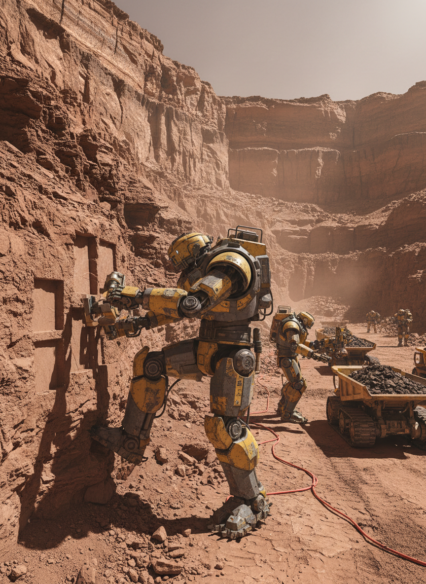 A cluster of robust humanoid mining robots operates at the base of a jagged Martian cliff, their heavy-duty exoskeletons finished in industrial yellow and graphite gray, with visible hydraulic pistons and dust-sealed joints. One robot anchors itself against the rock face with spiked boots while precision cutters carve rectangular cores into the regolith; others load processed ore into low-slung autonomous haulers. Fine particulate dust hangs in the cold air, backlit by harsh midday sunlight that creates sharp, high-contrast shadows against the cliff’s stratified layers. Shot in photographic realism from a slightly low, wide-angle perspective, the composition captures the depth of the quarry and the disciplined layout of equipment. The atmosphere is intense, efficient, and highly technical, emphasizing resource extraction as a foundational step for building secure habitats.