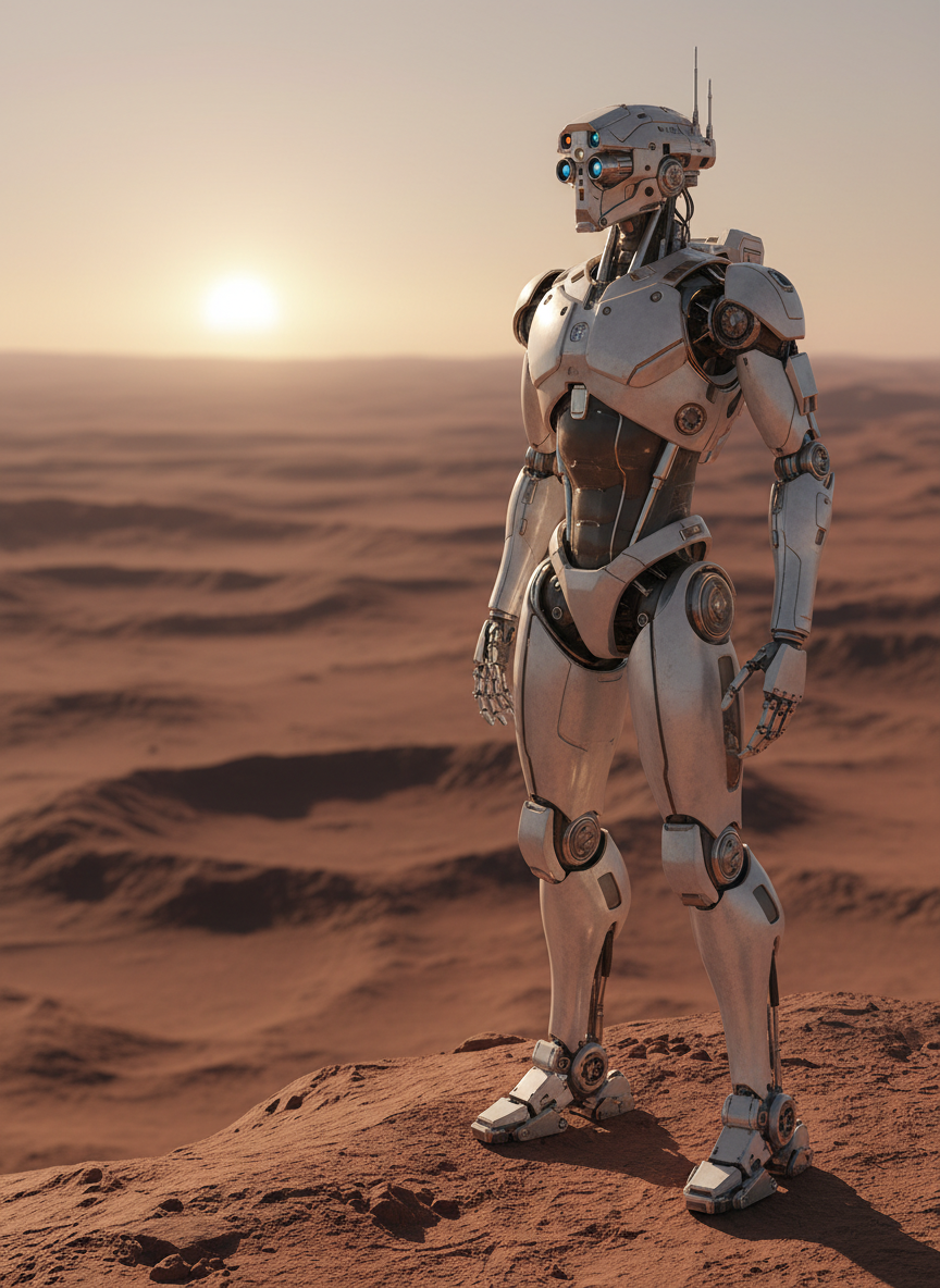 A tall, silver humanoid robot with articulated joints and matte white armor plating stands on the edge of a rust-red Martian plateau, its sensor-filled head turned toward a distant sunrise over cratered horizons. Fine dust clings to its reinforced boots and knee servos, subtly weathering the smooth surfaces. Soft, low-angle morning light casts long, crisp shadows across the rocky terrain, highlighting cables and actuators beneath translucent panels. Captured in photographic realism from a slightly low, three-quarter angle using the rule of thirds, the scene feels aspirational yet technical, with sharp focus on the robot and a gently blurred expanse of Mars behind it, conveying calm determination and professional, mission-focused purpose.