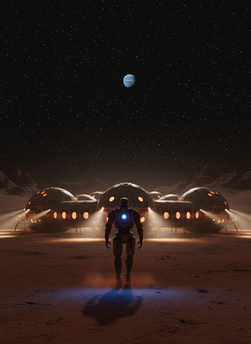 At night on Mars, a lone humanoid security robot with a compact, armored frame patrols the perimeter of a completed habitat cluster, its chest-mounted sensors emitting a soft blue glow that pools on the reddish regolith. The pressurized modules behind it form a ring of illuminated domes and cylinders, their portholes shining warm light into the thin, dusty atmosphere. Overhead, a crisp starfield and the faint disk of distant Earth hang above a silhouette of rocky ridges. Low, directional floodlights around the base cast long, sweeping shadows that dramatize the robot’s precise, deliberate gait. Captured in photographic realism from a low-angle, slightly behind-the-shoulder viewpoint, with controlled depth of field, the image conveys vigilance, security, and the quiet professionalism of autonomous guardians keeping the frontier safe before humans arrive.