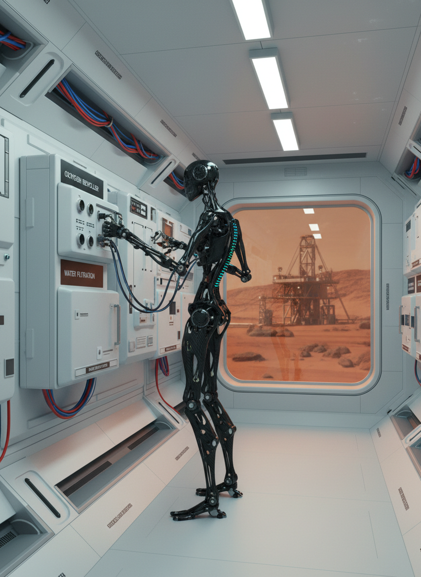 Inside a partially completed Martian habitat module, a slender humanoid maintenance robot with carbon-fiber limbs and illuminated status indicators along its spine calibrates a bank of life-support systems. The interior is clean and modular, with white composite walls, exposed conduit, and neatly labeled panels. Through a thick, curved viewport, the red-orange Martian landscape and a distant mining rig are visible, softly out of focus. Cool, diffuse LED lighting from overhead strips balances with a faint warm glow entering from the viewport, creating subtle reflections on polished metal surfaces. Photographic realism, captured at eye level with a medium-wide lens, frames the robot slightly off-center using the rule of thirds. The mood is controlled and clinical yet hopeful, underscoring the meticulous preparation these autonomous systems perform before humans arrive.