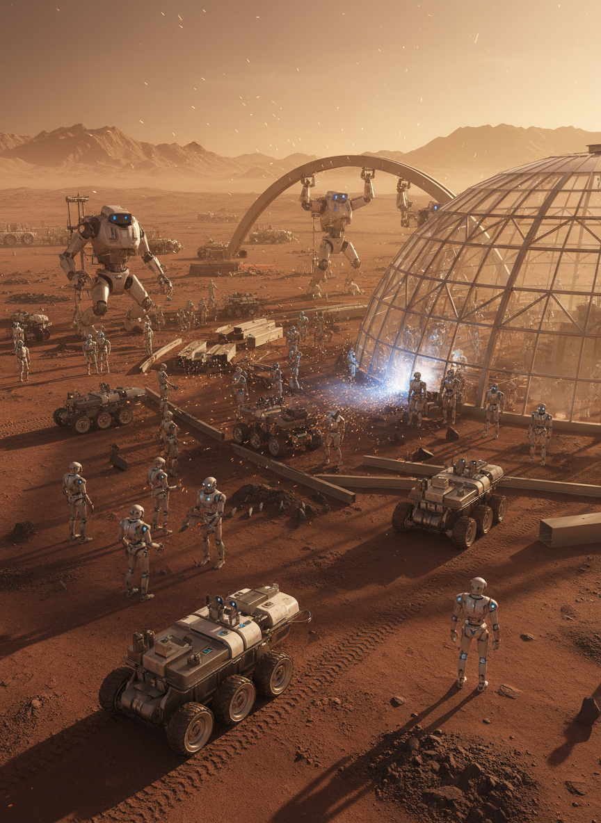 A wide Martian construction site stretches across the frame, filled with coordinated humanoid robots in varying sizes, all fabricated from brushed titanium and ceramic composites, methodically assembling the skeletal frame of a pressurized habitat dome. Articulated hands pass structural segments while others weld seams with controlled blue-white arcs, sending tiny sparks into the thin air. The ground is a textured mix of compacted regolith and tire tracks from rover-like support units. Golden hour light glows through faint dust in the atmosphere, creating a cinematic haze. Shot in photographic realism from an elevated, slightly aerial angle with deep depth of field, the composition emphasizes organized activity and precise teamwork, projecting a professional, industrious atmosphere that previews humanity’s future presence without showing any humans.